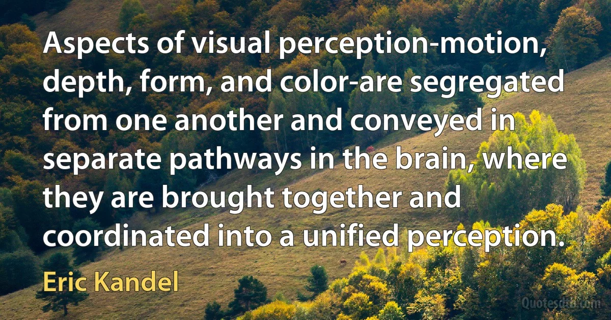 Aspects of visual perception-motion, depth, form, and color-are segregated from one another and conveyed in separate pathways in the brain, where they are brought together and coordinated into a unified perception. (Eric Kandel)