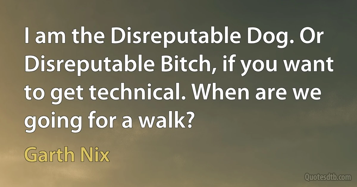 I am the Disreputable Dog. Or Disreputable Bitch, if you want to get technical. When are we going for a walk? (Garth Nix)