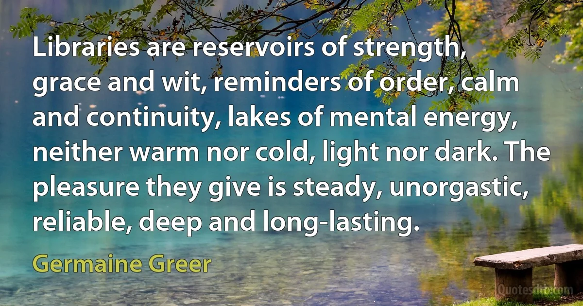 Libraries are reservoirs of strength, grace and wit, reminders of order, calm and continuity, lakes of mental energy, neither warm nor cold, light nor dark. The pleasure they give is steady, unorgastic, reliable, deep and long-lasting. (Germaine Greer)