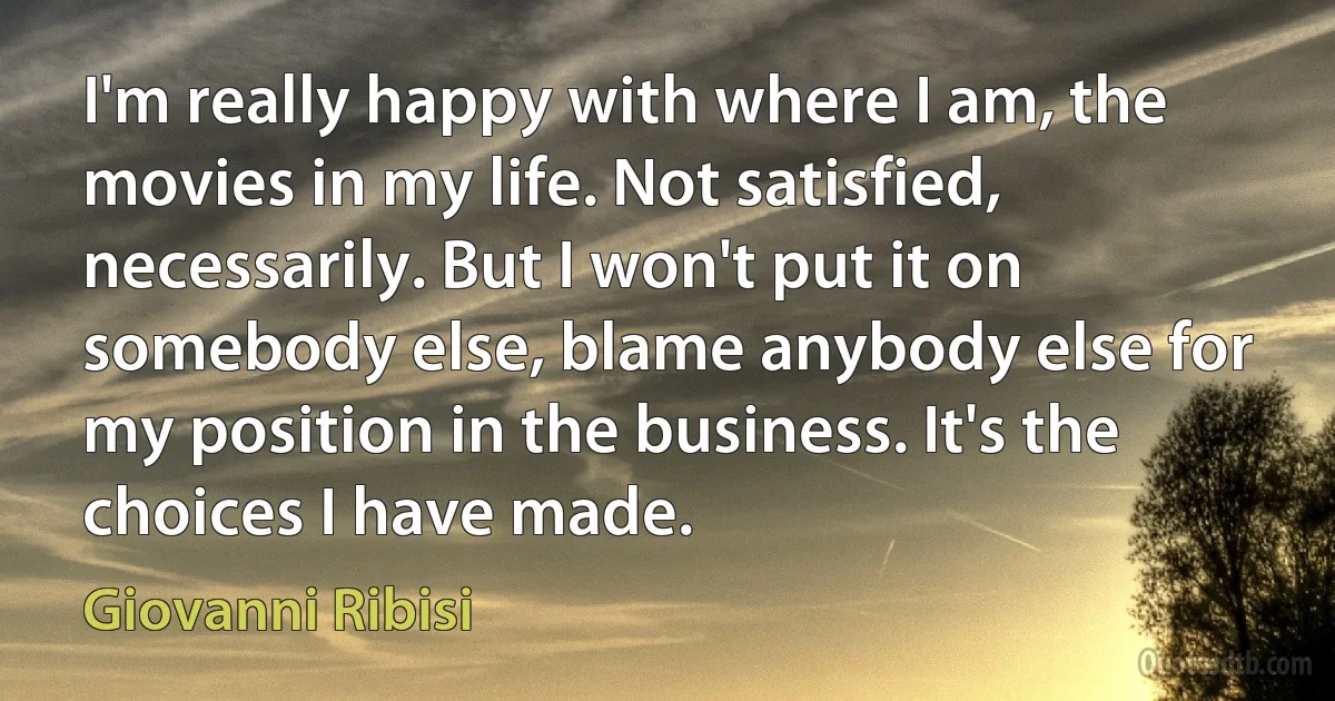 I'm really happy with where I am, the movies in my life. Not satisfied, necessarily. But I won't put it on somebody else, blame anybody else for my position in the business. It's the choices I have made. (Giovanni Ribisi)