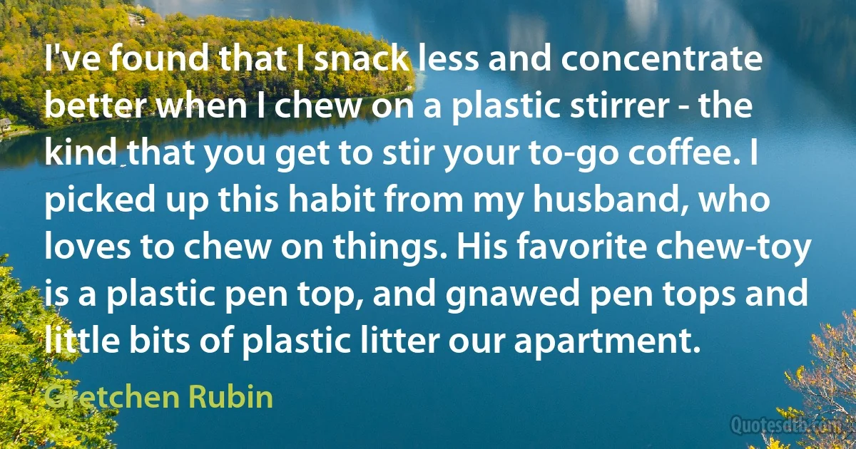 I've found that I snack less and concentrate better when I chew on a plastic stirrer - the kind that you get to stir your to-go coffee. I picked up this habit from my husband, who loves to chew on things. His favorite chew-toy is a plastic pen top, and gnawed pen tops and little bits of plastic litter our apartment. (Gretchen Rubin)