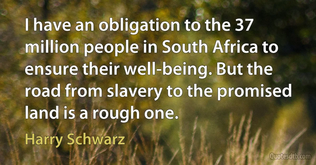 I have an obligation to the 37 million people in South Africa to ensure their well-being. But the road from slavery to the promised land is a rough one. (Harry Schwarz)