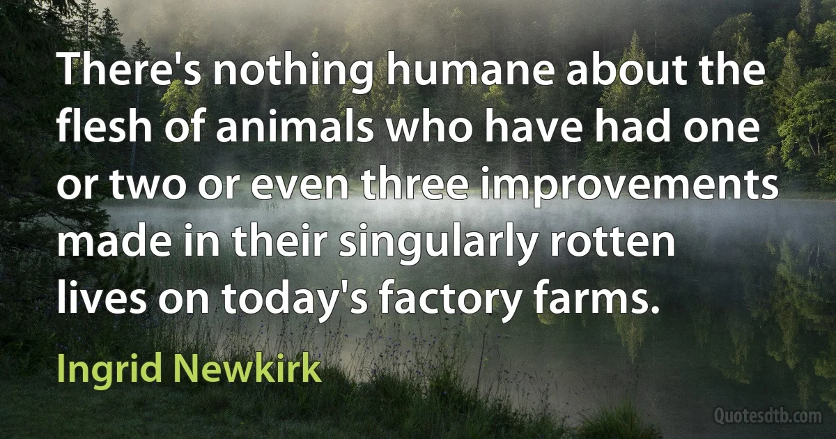 There's nothing humane about the flesh of animals who have had one or two or even three improvements made in their singularly rotten lives on today's factory farms. (Ingrid Newkirk)