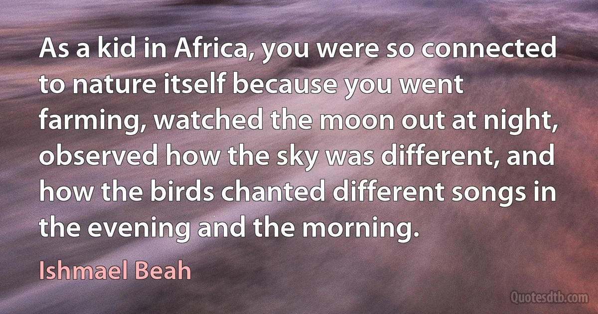 As a kid in Africa, you were so connected to nature itself because you went farming, watched the moon out at night, observed how the sky was different, and how the birds chanted different songs in the evening and the morning. (Ishmael Beah)