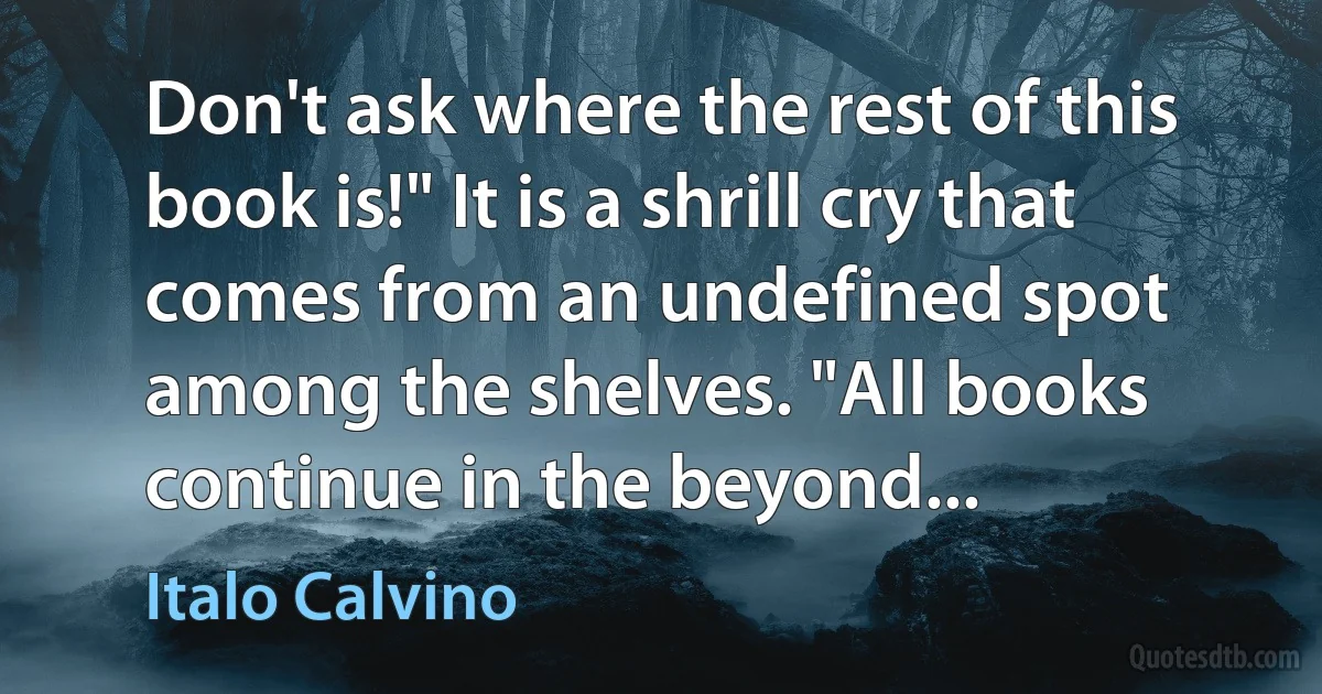 Don't ask where the rest of this book is!" It is a shrill cry that comes from an undefined spot among the shelves. "All books continue in the beyond... (Italo Calvino)