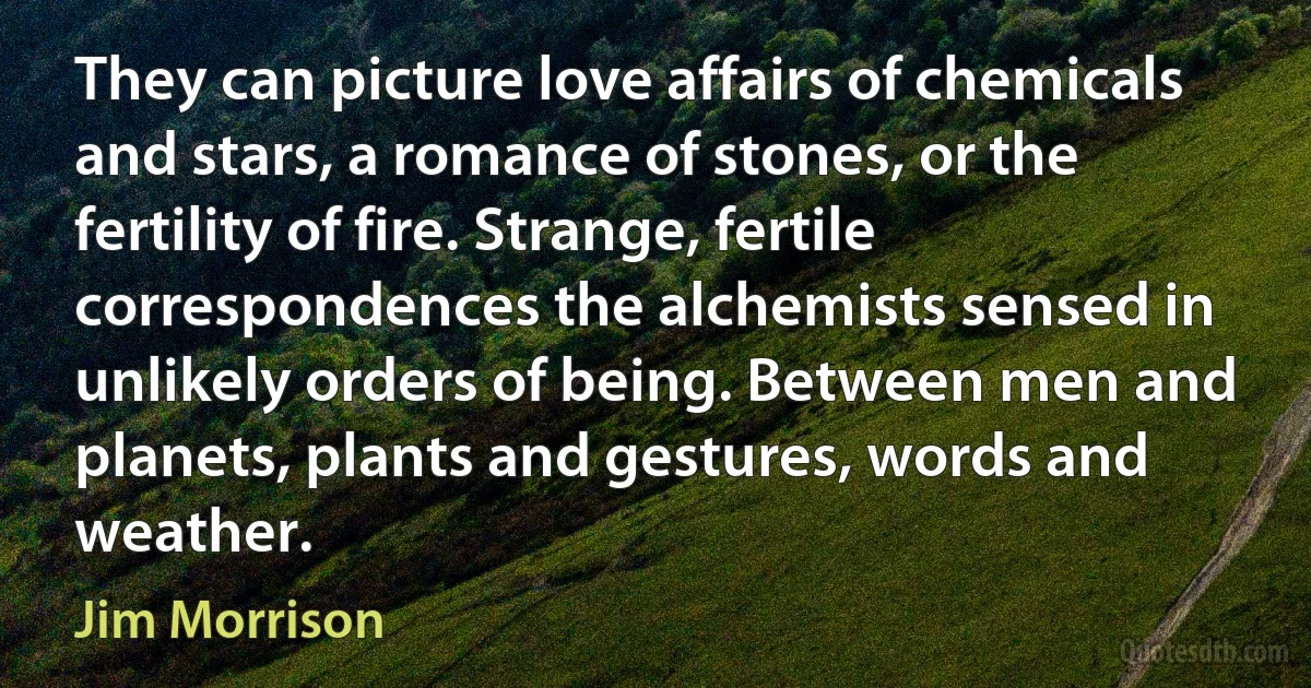 They can picture love affairs of chemicals and stars, a romance of stones, or the fertility of fire. Strange, fertile correspondences the alchemists sensed in unlikely orders of being. Between men and planets, plants and gestures, words and weather. (Jim Morrison)