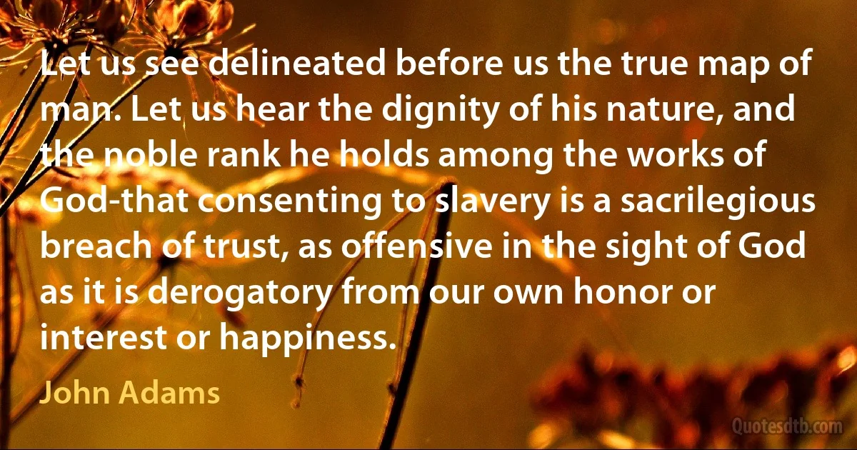 Let us see delineated before us the true map of man. Let us hear the dignity of his nature, and the noble rank he holds among the works of God-that consenting to slavery is a sacrilegious breach of trust, as offensive in the sight of God as it is derogatory from our own honor or interest or happiness. (John Adams)