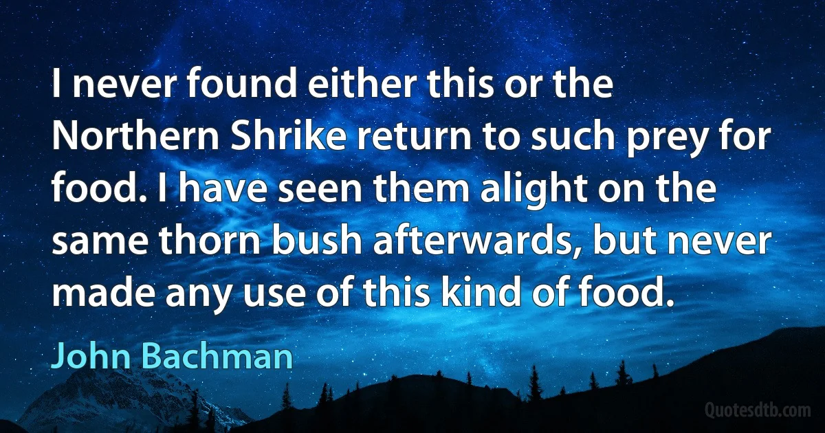 I never found either this or the Northern Shrike return to such prey for food. I have seen them alight on the same thorn bush afterwards, but never made any use of this kind of food. (John Bachman)