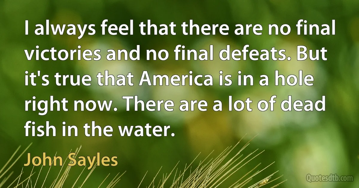 I always feel that there are no final victories and no final defeats. But it's true that America is in a hole right now. There are a lot of dead fish in the water. (John Sayles)