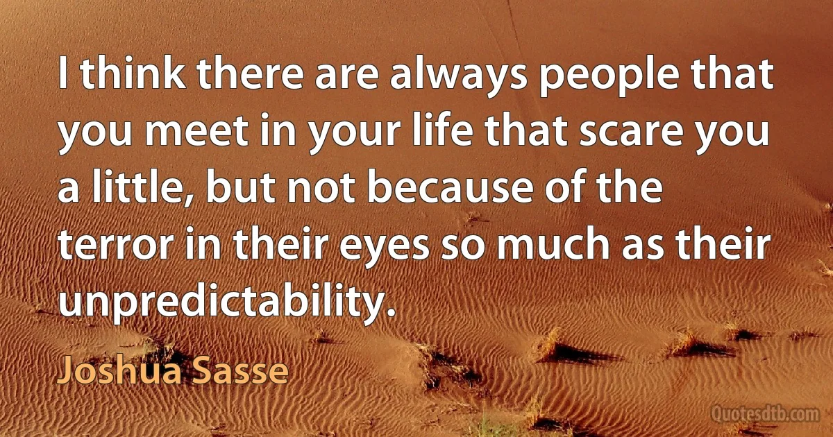 I think there are always people that you meet in your life that scare you a little, but not because of the terror in their eyes so much as their unpredictability. (Joshua Sasse)