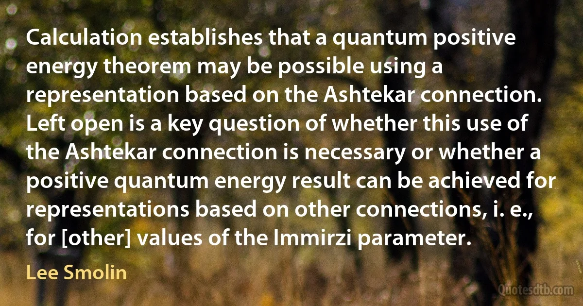 Calculation establishes that a quantum positive energy theorem may be possible using a representation based on the Ashtekar connection. Left open is a key question of whether this use of the Ashtekar connection is necessary or whether a positive quantum energy result can be achieved for representations based on other connections, i. e., for [other] values of the Immirzi parameter. (Lee Smolin)