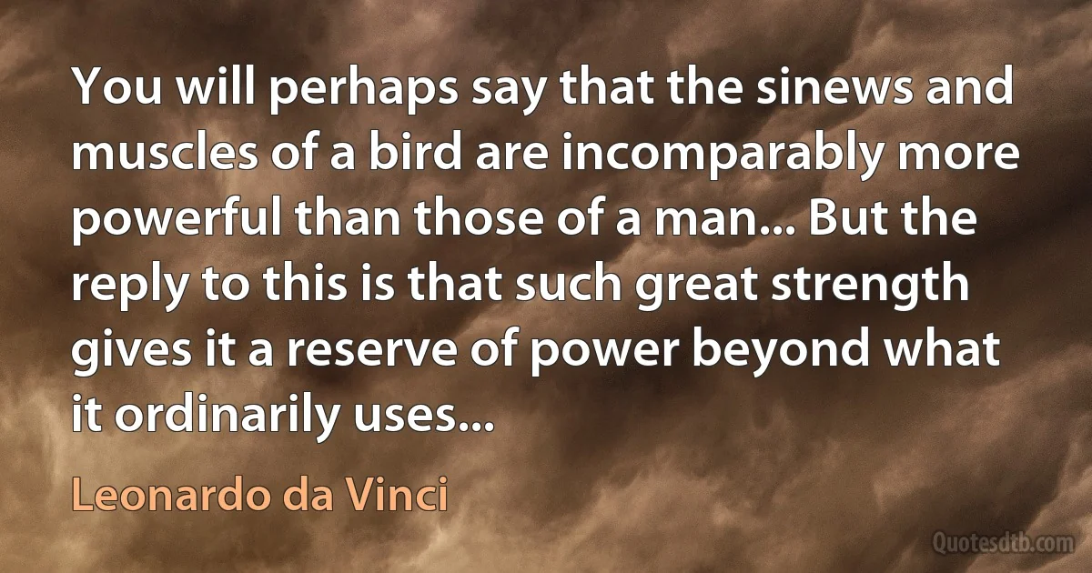 You will perhaps say that the sinews and muscles of a bird are incomparably more powerful than those of a man... But the reply to this is that such great strength gives it a reserve of power beyond what it ordinarily uses... (Leonardo da Vinci)