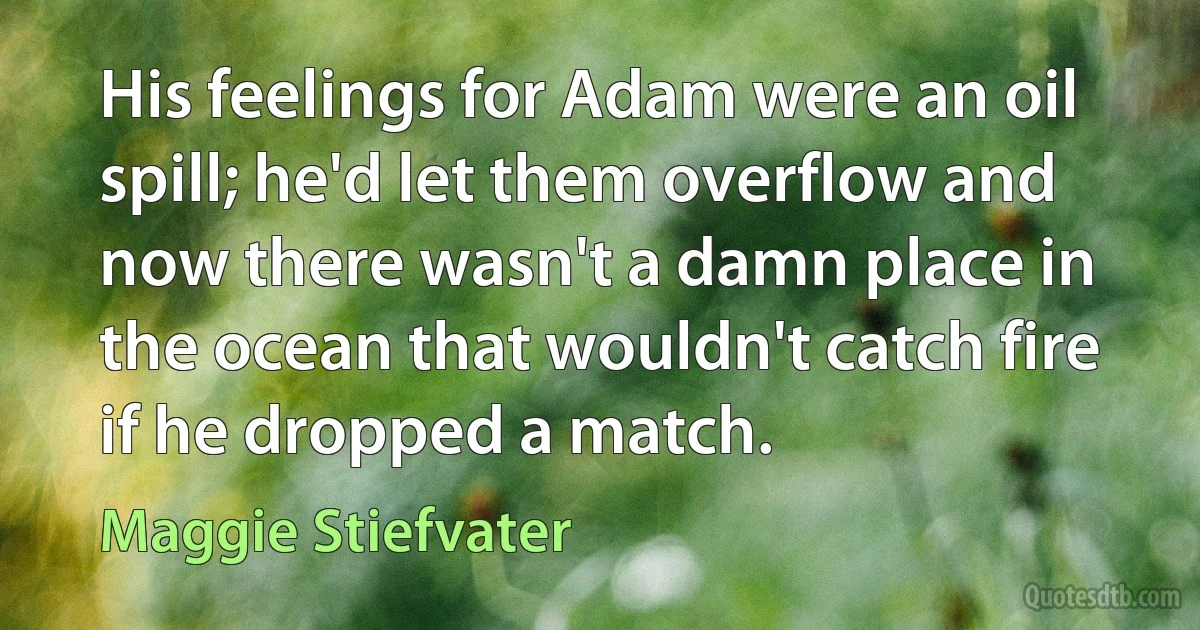 His feelings for Adam were an oil spill; he'd let them overflow and now there wasn't a damn place in the ocean that wouldn't catch fire if he dropped a match. (Maggie Stiefvater)