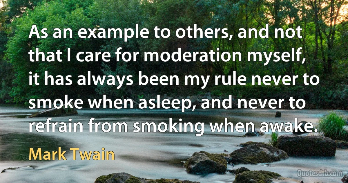 As an example to others, and not that I care for moderation myself, it has always been my rule never to smoke when asleep, and never to refrain from smoking when awake. (Mark Twain)