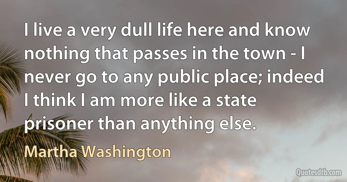 I live a very dull life here and know nothing that passes in the town - I never go to any public place; indeed I think I am more like a state prisoner than anything else. (Martha Washington)