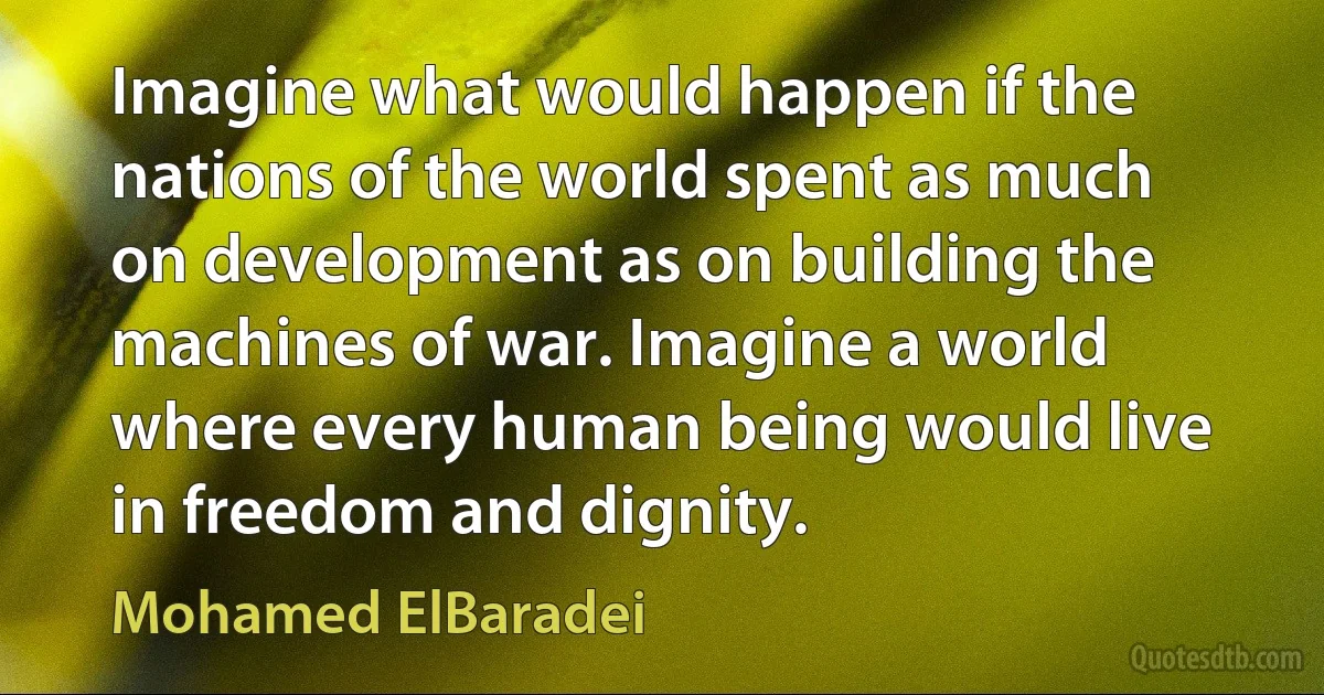 Imagine what would happen if the nations of the world spent as much on development as on building the machines of war. Imagine a world where every human being would live in freedom and dignity. (Mohamed ElBaradei)