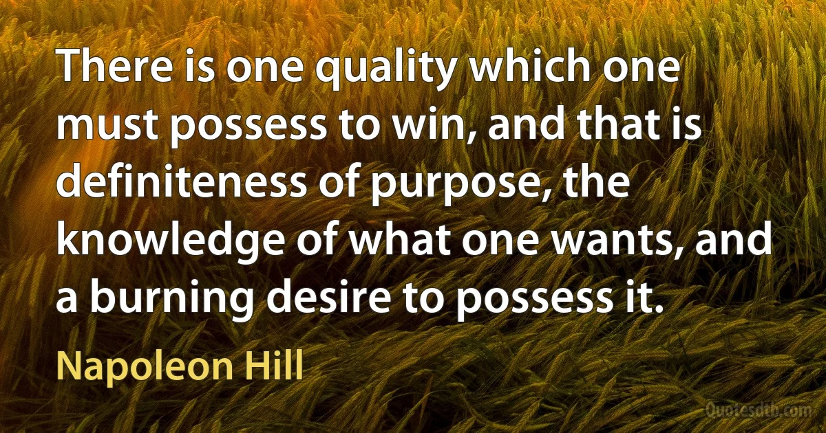 There is one quality which one must possess to win, and that is definiteness of purpose, the knowledge of what one wants, and a burning desire to possess it. (Napoleon Hill)