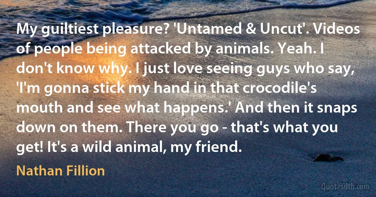 My guiltiest pleasure? 'Untamed & Uncut'. Videos of people being attacked by animals. Yeah. I don't know why. I just love seeing guys who say, 'I'm gonna stick my hand in that crocodile's mouth and see what happens.' And then it snaps down on them. There you go - that's what you get! It's a wild animal, my friend. (Nathan Fillion)