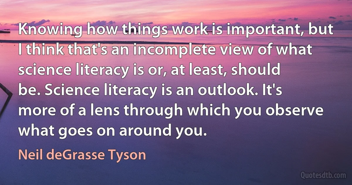 Knowing how things work is important, but I think that's an incomplete view of what science literacy is or, at least, should be. Science literacy is an outlook. It's more of a lens through which you observe what goes on around you. (Neil deGrasse Tyson)