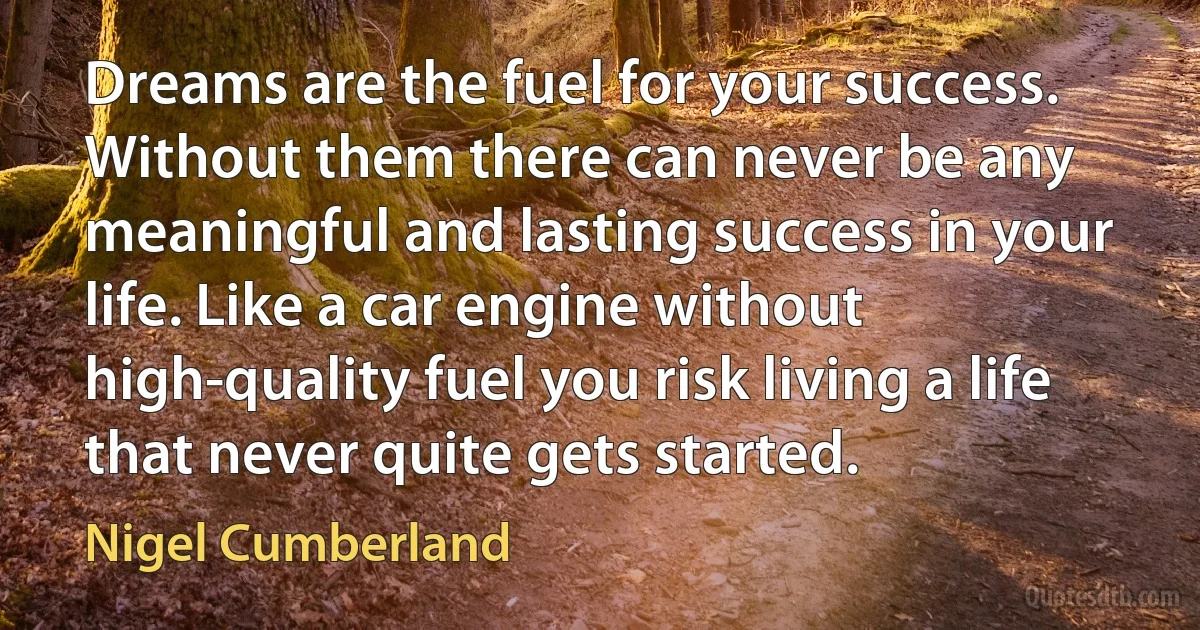 Dreams are the fuel for your success. Without them there can never be any meaningful and lasting success in your life. Like a car engine without high-quality fuel you risk living a life that never quite gets started. (Nigel Cumberland)