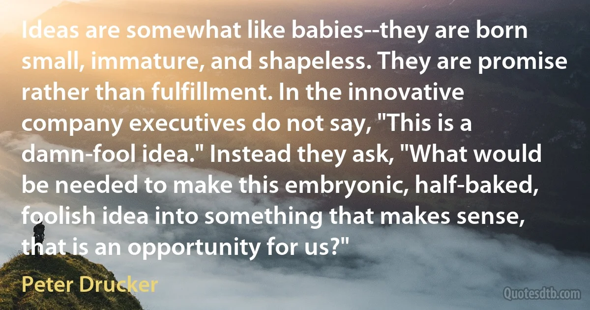 Ideas are somewhat like babies--they are born small, immature, and shapeless. They are promise rather than fulfillment. In the innovative company executives do not say, "This is a damn-fool idea." Instead they ask, "What would be needed to make this embryonic, half-baked, foolish idea into something that makes sense, that is an opportunity for us?" (Peter Drucker)