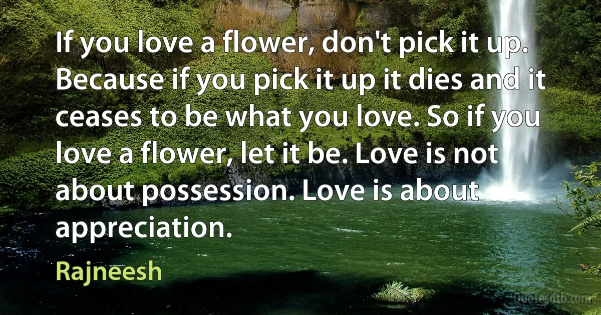 If you love a flower, don't pick it up. Because if you pick it up it dies and it ceases to be what you love. So if you love a flower, let it be. Love is not about possession. Love is about appreciation. (Rajneesh)