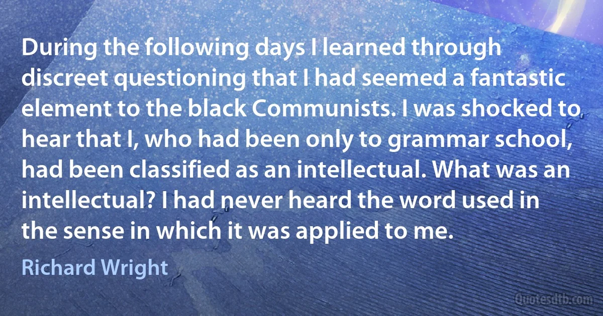 During the following days I learned through discreet questioning that I had seemed a fantastic element to the black Communists. I was shocked to hear that I, who had been only to grammar school, had been classified as an intellectual. What was an intellectual? I had never heard the word used in the sense in which it was applied to me. (Richard Wright)