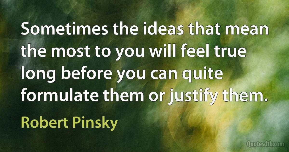 Sometimes the ideas that mean the most to you will feel true long before you can quite formulate them or justify them. (Robert Pinsky)