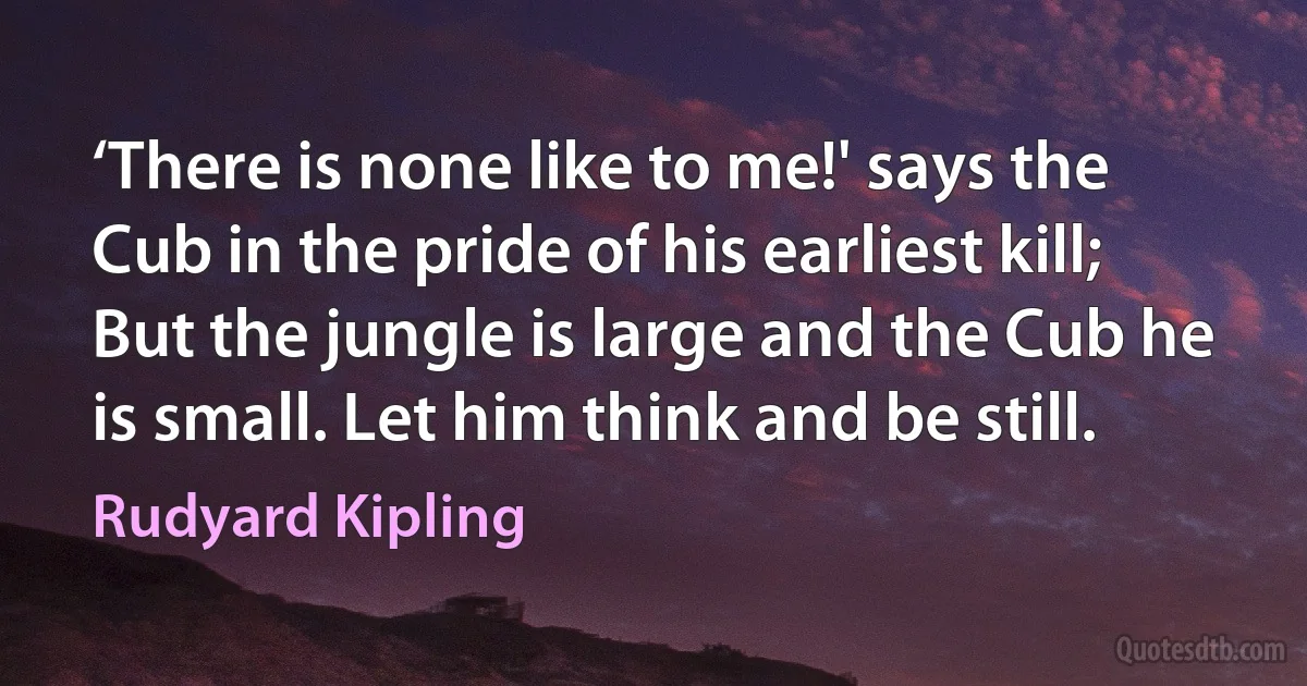 ‘There is none like to me!' says the Cub in the pride of his earliest kill;
But the jungle is large and the Cub he is small. Let him think and be still. (Rudyard Kipling)