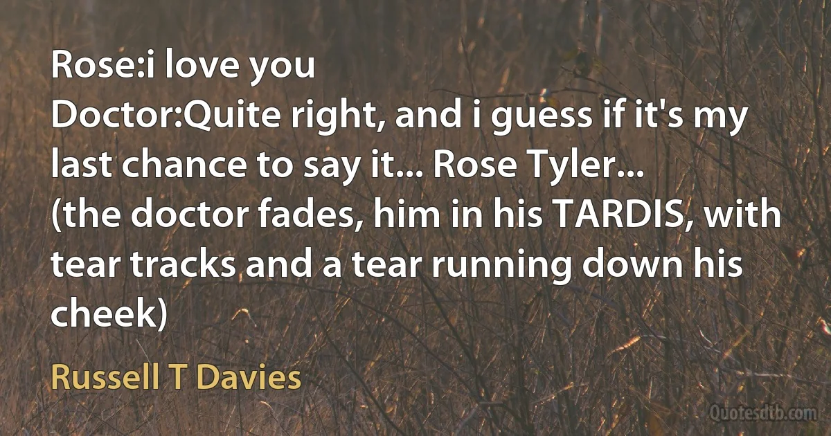 Rose:i love you
Doctor:Quite right, and i guess if it's my last chance to say it... Rose Tyler...
(the doctor fades, him in his TARDIS, with tear tracks and a tear running down his cheek) (Russell T Davies)