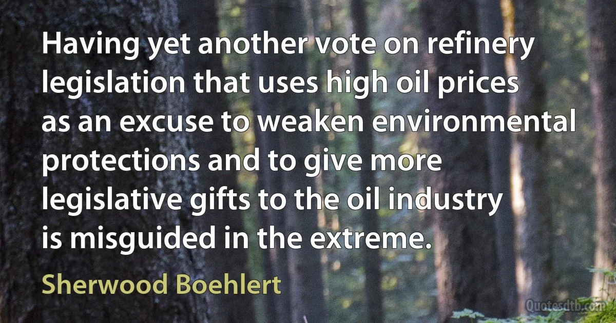 Having yet another vote on refinery legislation that uses high oil prices as an excuse to weaken environmental protections and to give more legislative gifts to the oil industry is misguided in the extreme. (Sherwood Boehlert)