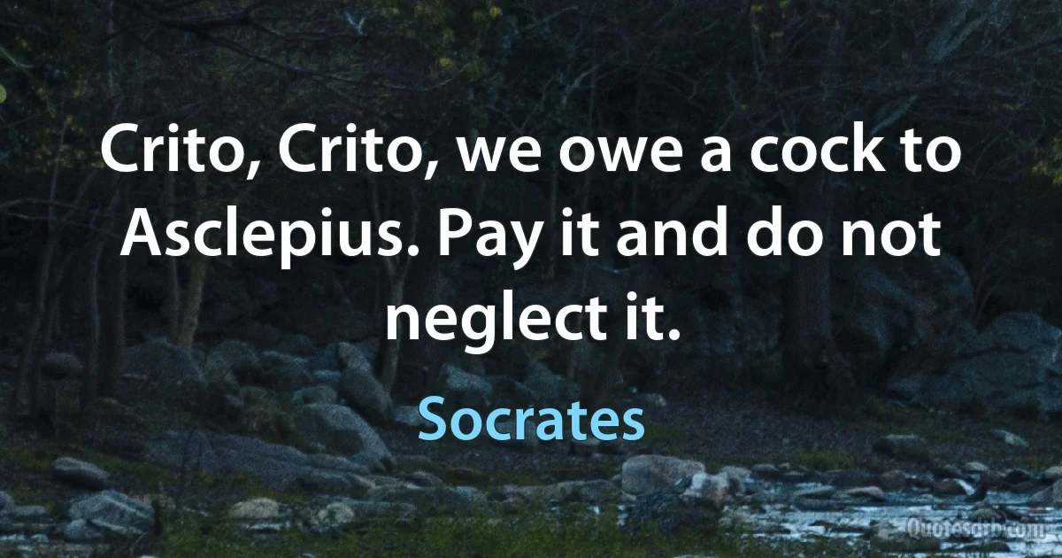 Crito, Crito, we owe a cock to Asclepius. Pay it and do not neglect it. (Socrates)