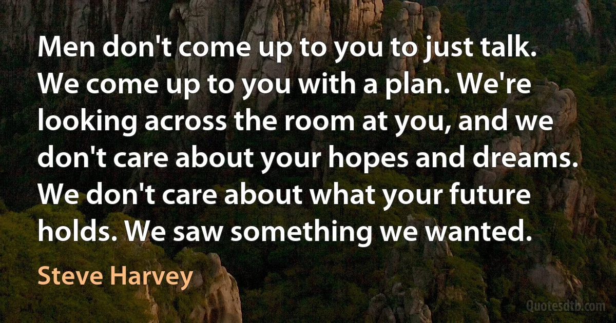 Men don't come up to you to just talk. We come up to you with a plan. We're looking across the room at you, and we don't care about your hopes and dreams. We don't care about what your future holds. We saw something we wanted. (Steve Harvey)