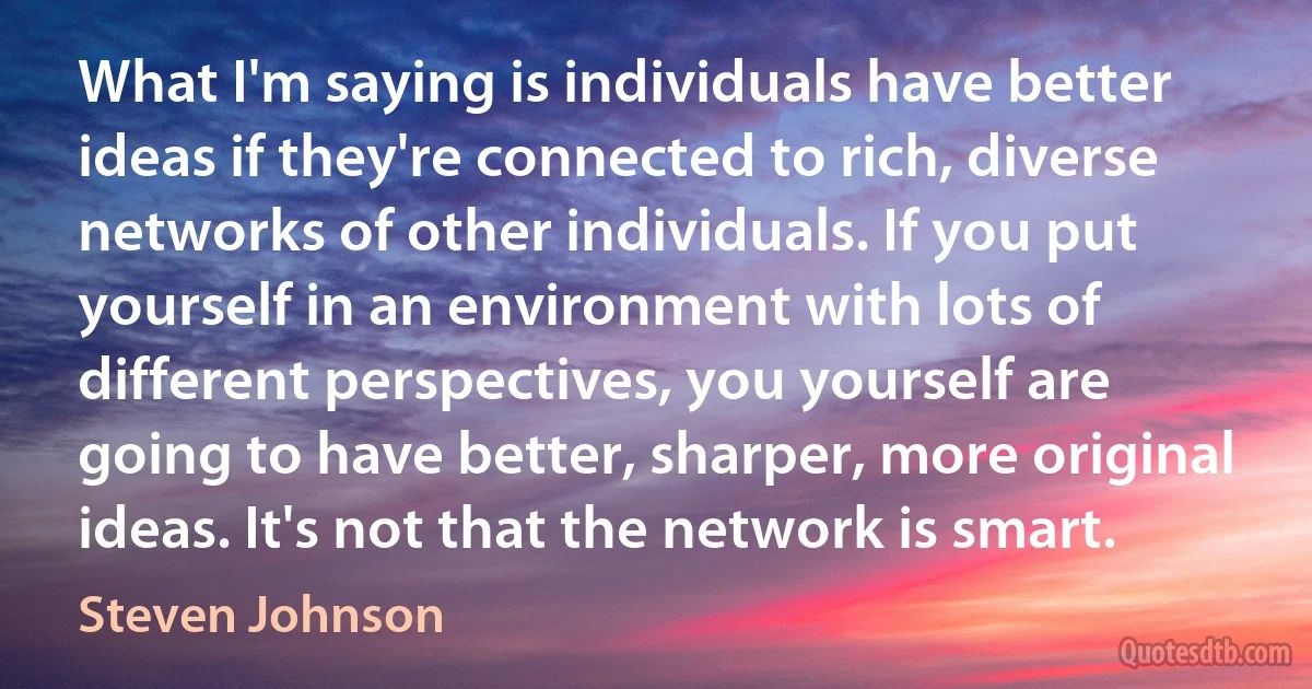 What I'm saying is individuals have better ideas if they're connected to rich, diverse networks of other individuals. If you put yourself in an environment with lots of different perspectives, you yourself are going to have better, sharper, more original ideas. It's not that the network is smart. (Steven Johnson)