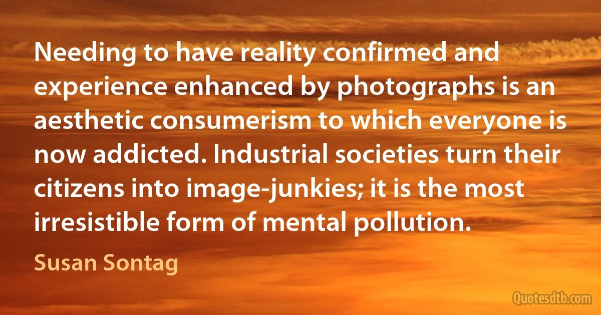 Needing to have reality confirmed and experience enhanced by photographs is an aesthetic consumerism to which everyone is now addicted. Industrial societies turn their citizens into image-junkies; it is the most irresistible form of mental pollution. (Susan Sontag)