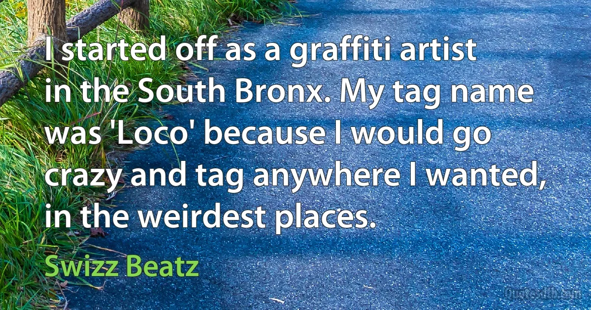 I started off as a graffiti artist in the South Bronx. My tag name was 'Loco' because I would go crazy and tag anywhere I wanted, in the weirdest places. (Swizz Beatz)