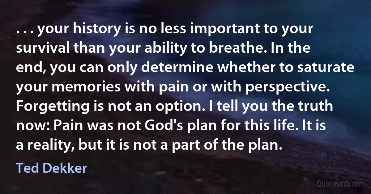 . . . your history is no less important to your survival than your ability to breathe. In the end, you can only determine whether to saturate your memories with pain or with perspective. Forgetting is not an option. I tell you the truth now: Pain was not God's plan for this life. It is a reality, but it is not a part of the plan. (Ted Dekker)