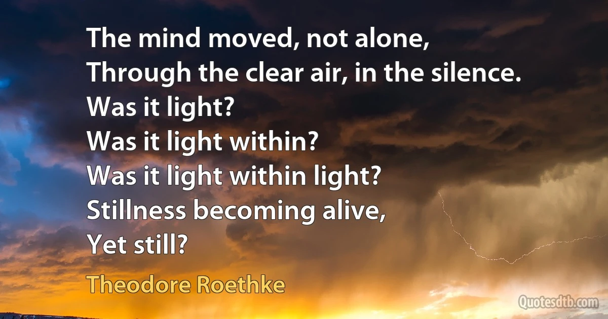 The mind moved, not alone,
Through the clear air, in the silence.
Was it light?
Was it light within?
Was it light within light?
Stillness becoming alive,
Yet still? (Theodore Roethke)