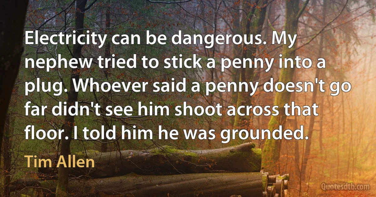 Electricity can be dangerous. My nephew tried to stick a penny into a plug. Whoever said a penny doesn't go far didn't see him shoot across that floor. I told him he was grounded. (Tim Allen)