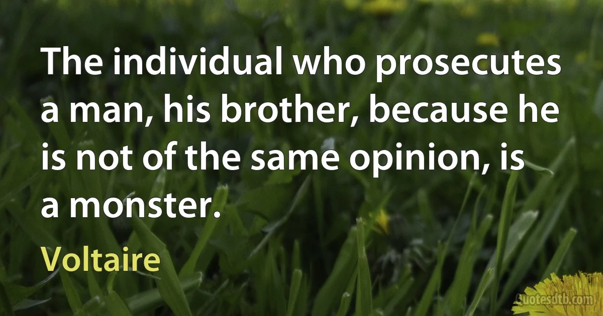 The individual who prosecutes a man, his brother, because he is not of the same opinion, is a monster. (Voltaire)