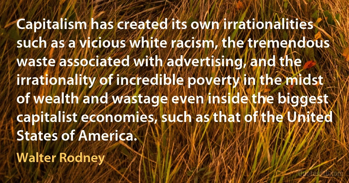 Capitalism has created its own irrationalities such as a vicious white racism, the tremendous waste associated with advertising, and the irrationality of incredible poverty in the midst of wealth and wastage even inside the biggest capitalist economies, such as that of the United States of America. (Walter Rodney)