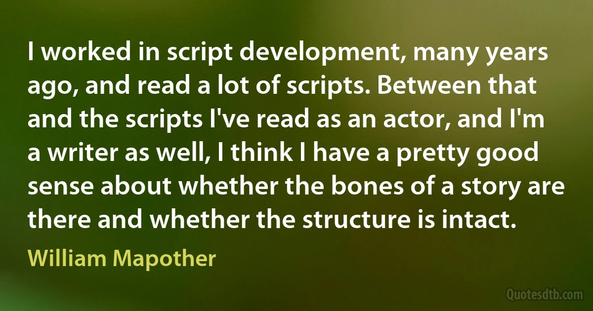 I worked in script development, many years ago, and read a lot of scripts. Between that and the scripts I've read as an actor, and I'm a writer as well, I think I have a pretty good sense about whether the bones of a story are there and whether the structure is intact. (William Mapother)