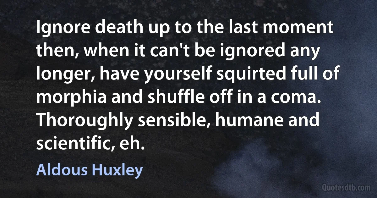 Ignore death up to the last moment then, when it can't be ignored any longer, have yourself squirted full of morphia and shuffle off in a coma. Thoroughly sensible, humane and scientific, eh. (Aldous Huxley)