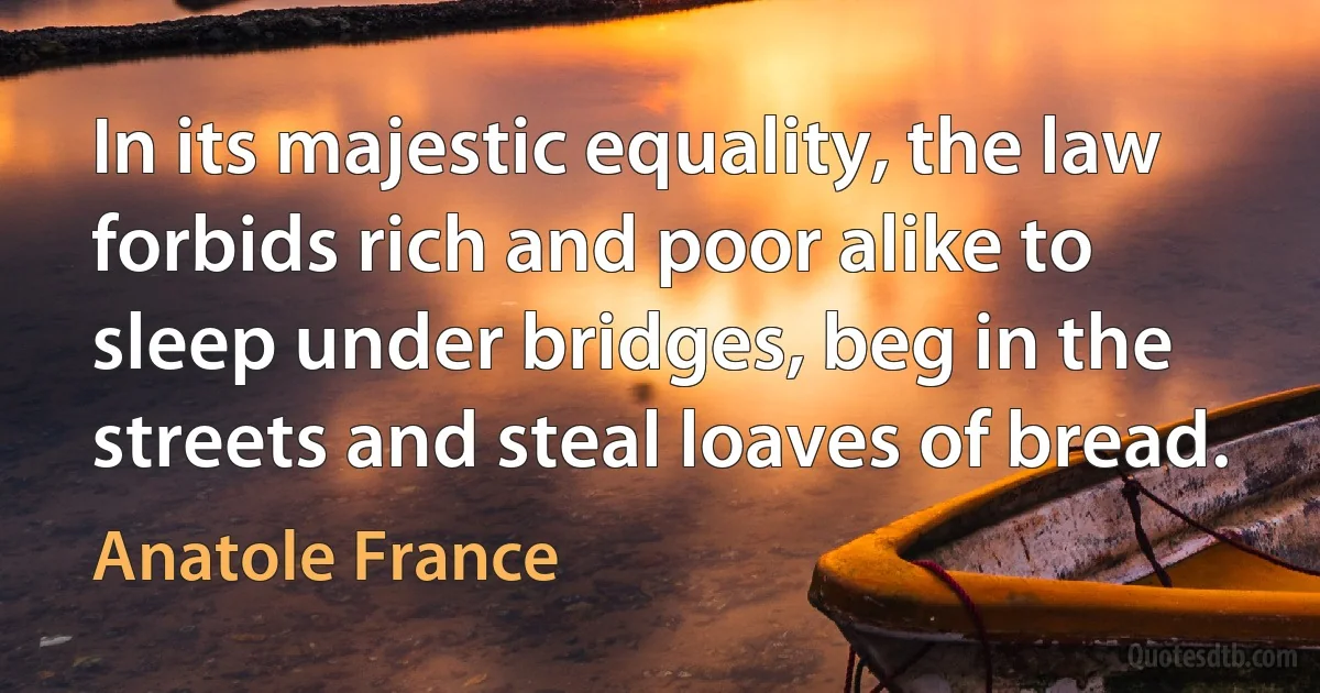 In its majestic equality, the law forbids rich and poor alike to sleep under bridges, beg in the streets and steal loaves of bread. (Anatole France)