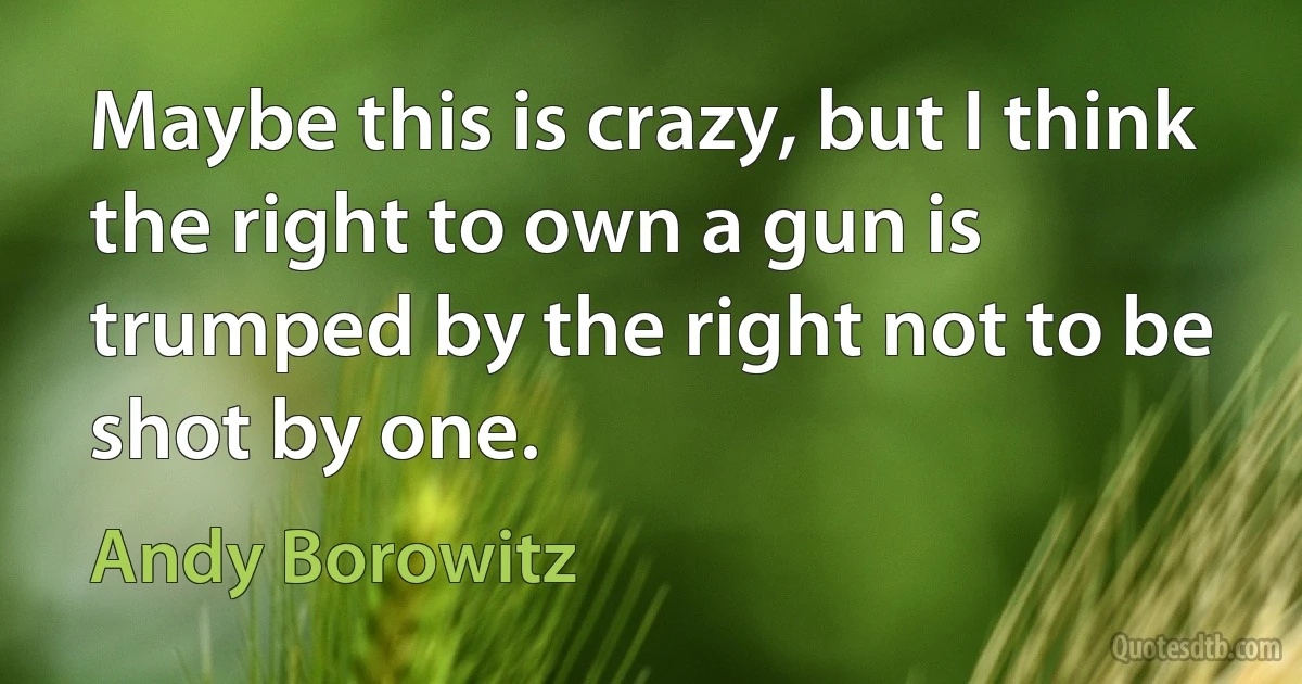 Maybe this is crazy, but I think the right to own a gun is trumped by the right not to be shot by one. (Andy Borowitz)