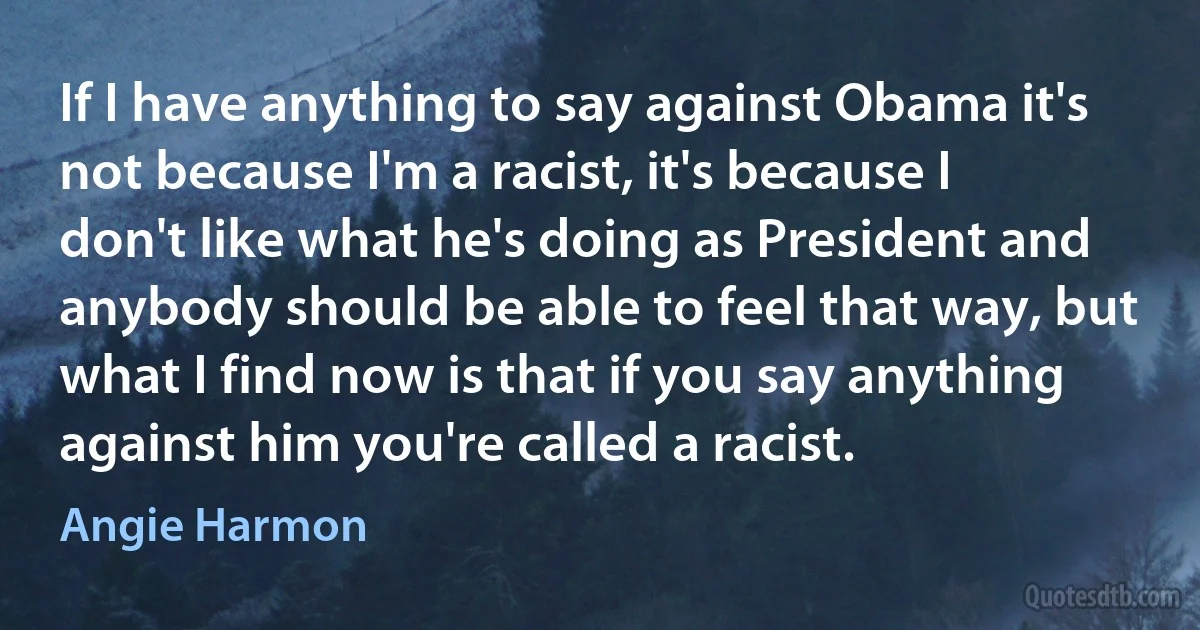 If I have anything to say against Obama it's not because I'm a racist, it's because I don't like what he's doing as President and anybody should be able to feel that way, but what I find now is that if you say anything against him you're called a racist. (Angie Harmon)