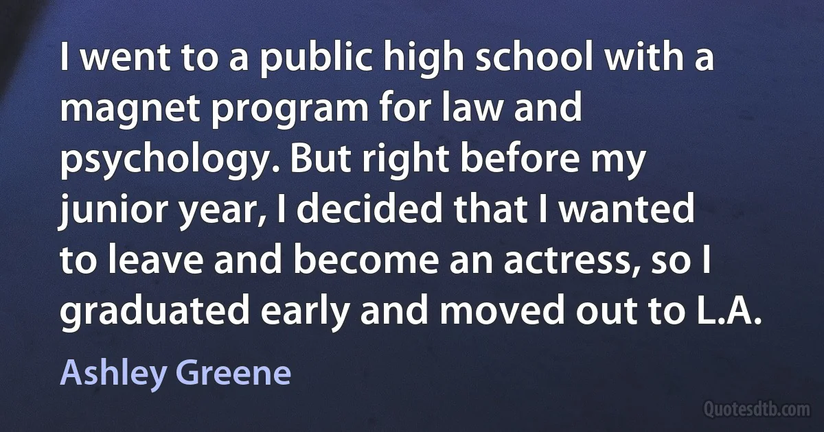 I went to a public high school with a magnet program for law and psychology. But right before my junior year, I decided that I wanted to leave and become an actress, so I graduated early and moved out to L.A. (Ashley Greene)