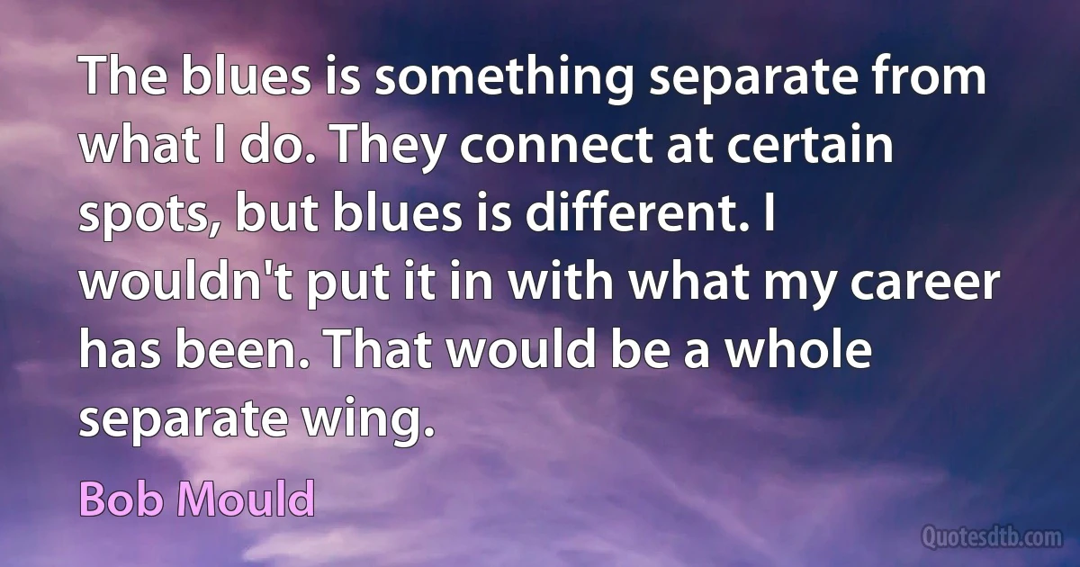 The blues is something separate from what I do. They connect at certain spots, but blues is different. I wouldn't put it in with what my career has been. That would be a whole separate wing. (Bob Mould)