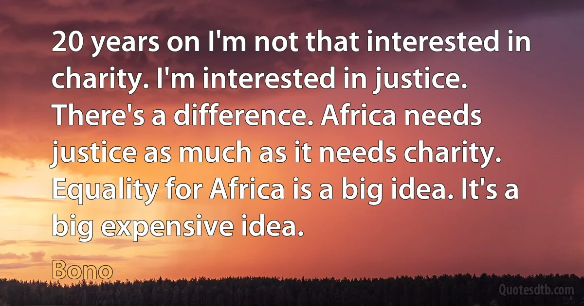 20 years on I'm not that interested in charity. I'm interested in justice. There's a difference. Africa needs justice as much as it needs charity.
Equality for Africa is a big idea. It's a big expensive idea. (Bono)