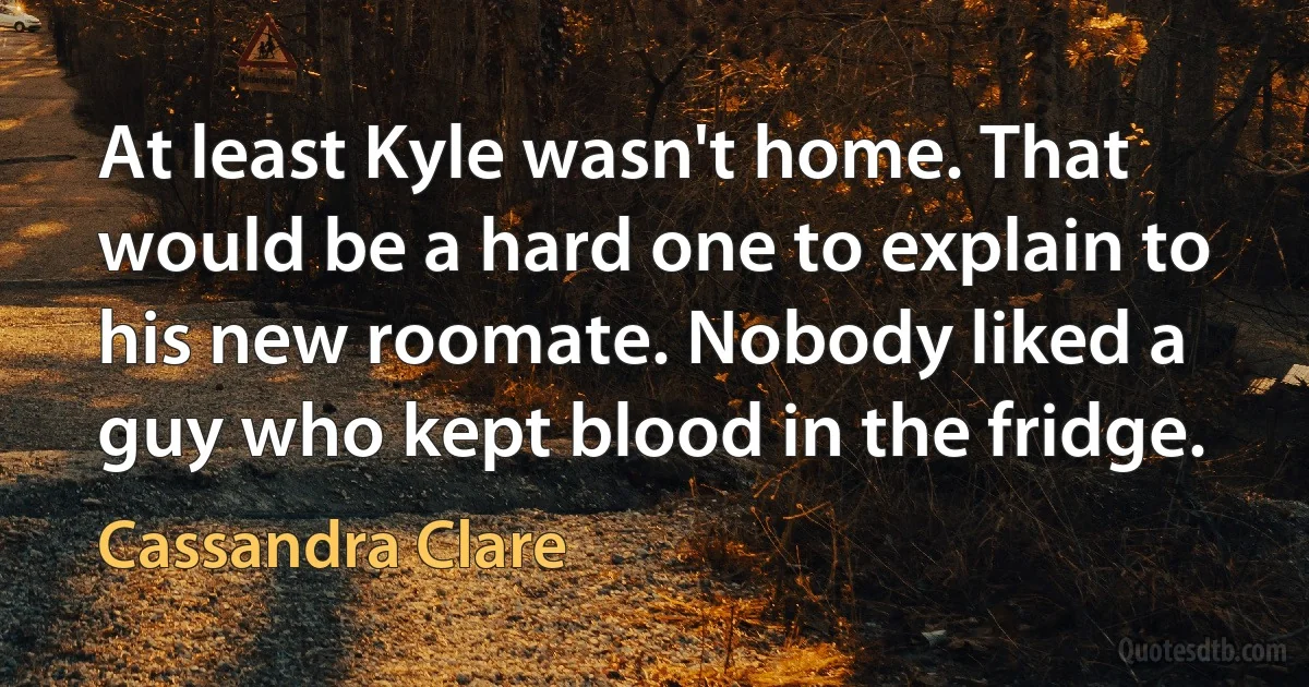 At least Kyle wasn't home. That would be a hard one to explain to his new roomate. Nobody liked a guy who kept blood in the fridge. (Cassandra Clare)